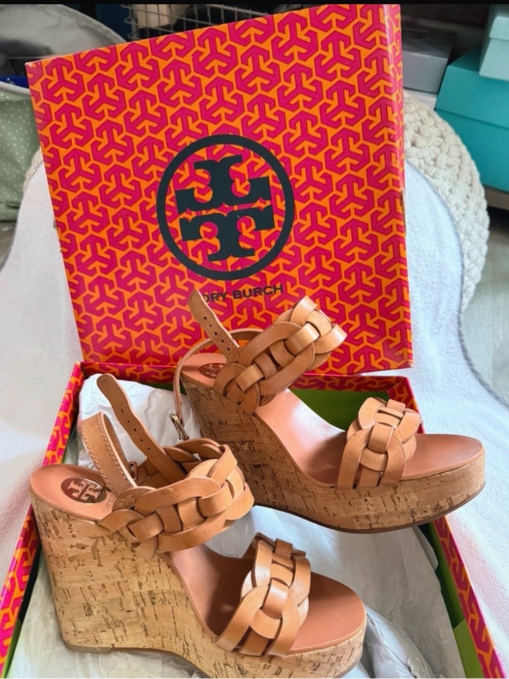 Tory Burch Calyca Tan Woven Leather Cork Wedge Sandals - Size 8